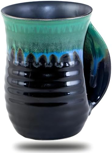 Reactive Glaze Ceramic Hand Warmer Mug, Forest Green/Black, 16 Oz