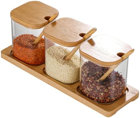 Bamboo Spice Jar Set with Wooden Lids and Spoons, Glass Condiment