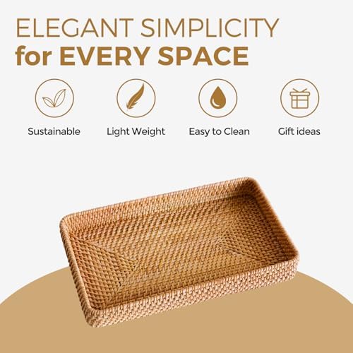 Rattan Serving Tray, Woven Wicker Rectangle Shallow Basket for
