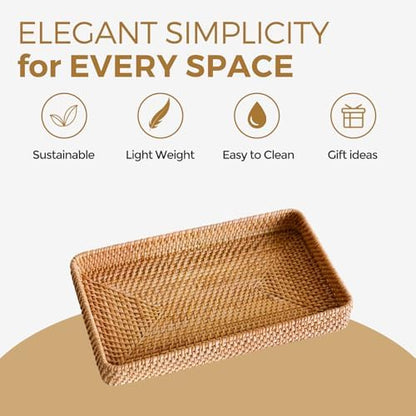 Rattan Serving Tray, Woven Wicker Rectangle Shallow Basket for