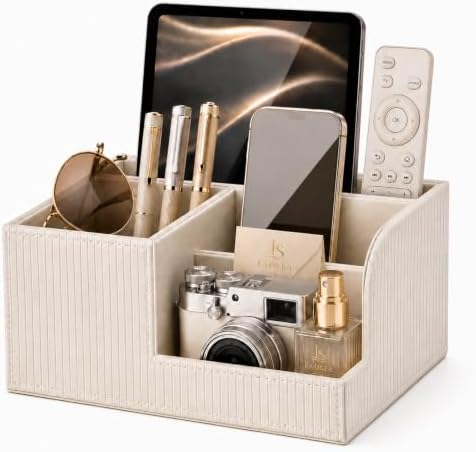 Pen Holder for Desk, 4-Compartment PU Leather Desk Organizer, Cream