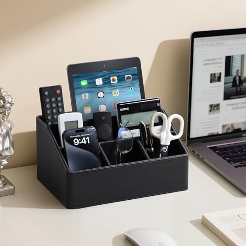 PU Leather Desk Organizer, Remote Control Holder (Black)