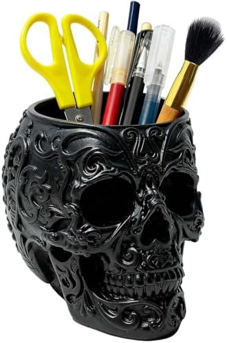 CUZOKOLA Goth Accessories Black Skull Decor for Pen Holder with Strong
