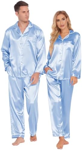 Ekouaer Couples Matching Pajamas Silk Long Sleeve Sleepwear Satin Pjs