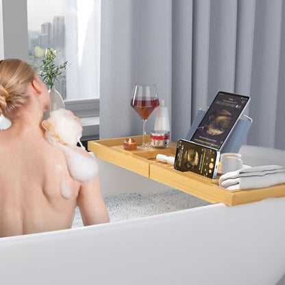 Sen Yi Bao Luxury Bamboo Bathtub Tray - Wooden Expandable Caddy with