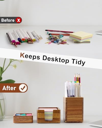 Acacia Wood Desk Organizer Set with Sticky Note Holder, Pencil Pen Cup