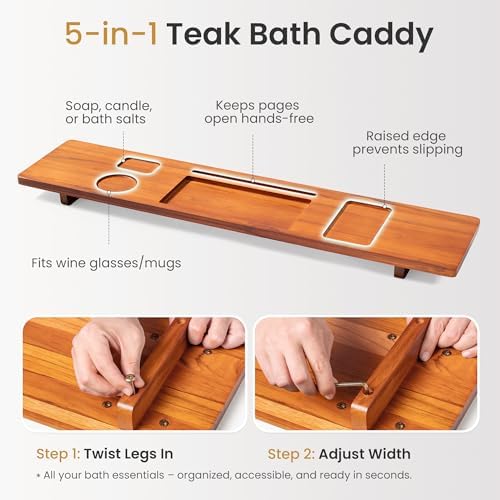 39 Inch Teak Bathtub Tray for Freestanding Tubs, Luxury Bath Caddy