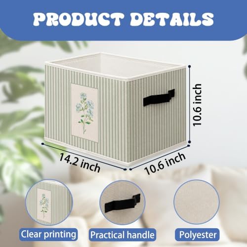 Blue Floral Storage Boxes, Cottage Core Botanical Cube Storage Bin for