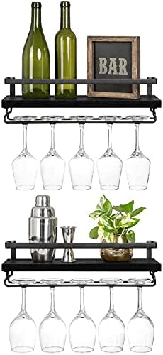 Mkono Wall Mounted Wine Rack, Wine Glass Holder with Wood Shelf