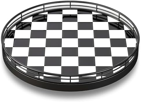 10.2-Inch Black and White Checkerboard Lazy Susan with Oak Base