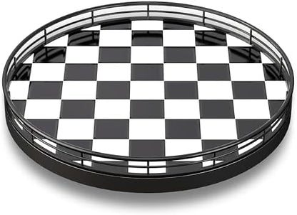 10.2-Inch Black and White Checkerboard Lazy Susan with Oak Base