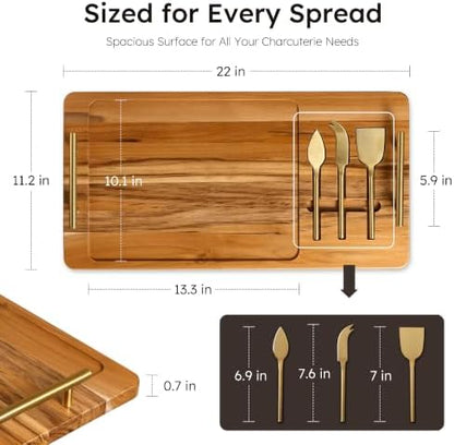 Teak 22 Inch Large Charcuterie Boards for Party with Cheese Knife Set