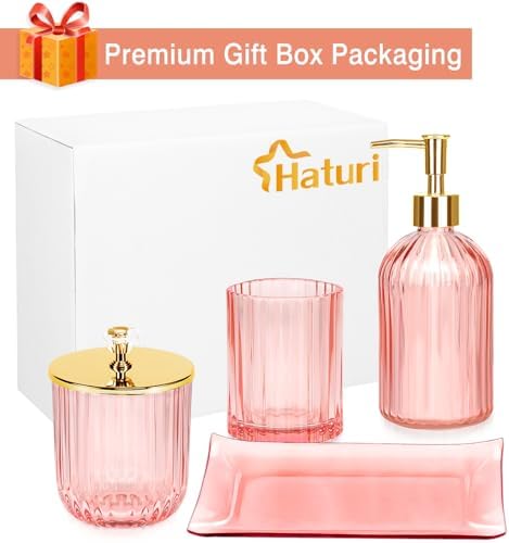 Haturi Bathroom Accessories Set, 4 Pcs Pink Glass Bathroom Accessories