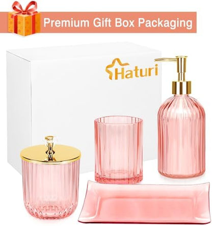 Haturi Bathroom Accessories Set, 4 Pcs Pink Glass Bathroom Accessories