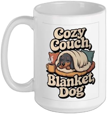 Sleepy Dachshund Coffee Lover Cozy Couch Dog Quote Ceramic Mug, White