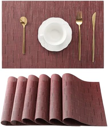 Burgundy Placemats Set of 6 - Heat Resistant Non-Slip Place mats for