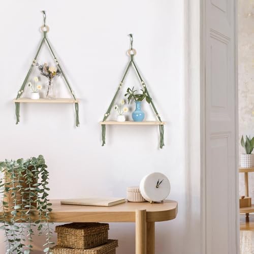 HVEST Green Hanging Shelf Set of 2, Boho Wall Decor, Floating Shelves