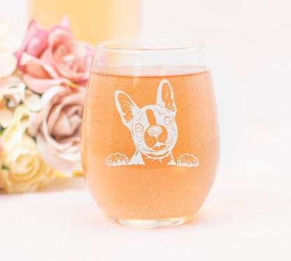 C M Boston Terrier Dog 17 oz Stemless Wine Glass - Dog Lover Gift for