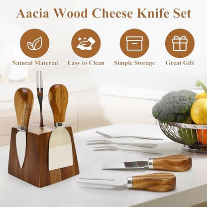 9 Pack Cheese Knives with Holder Acacia Wood Charcuterie Board