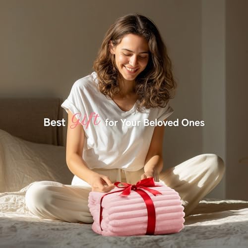 INFIIXSO Striped Sherpa Throw Blanket for Couch, Warm Plush, Pink