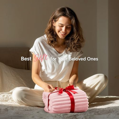INFIIXSO Striped Sherpa Throw Blanket for Couch, Warm Plush, Pink