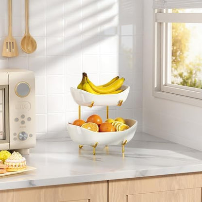 Ceramic 2 Tier Fruit Bowl, Fruit Basket for Kitchen Counter, Gold
