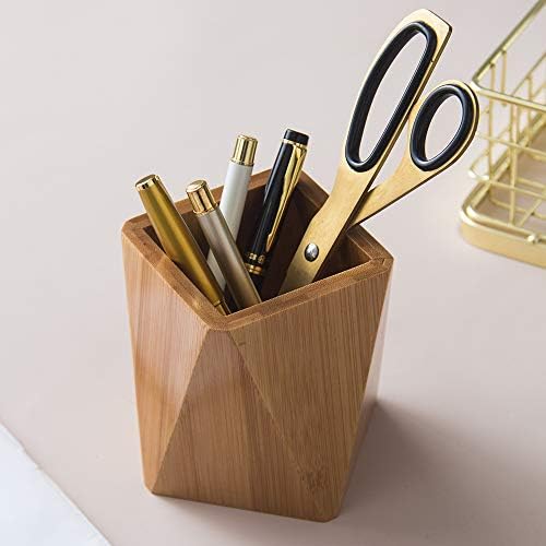 Bamboo Wood Pen Holder Stand for Desk Geometric Pencil Cup Pot Cute