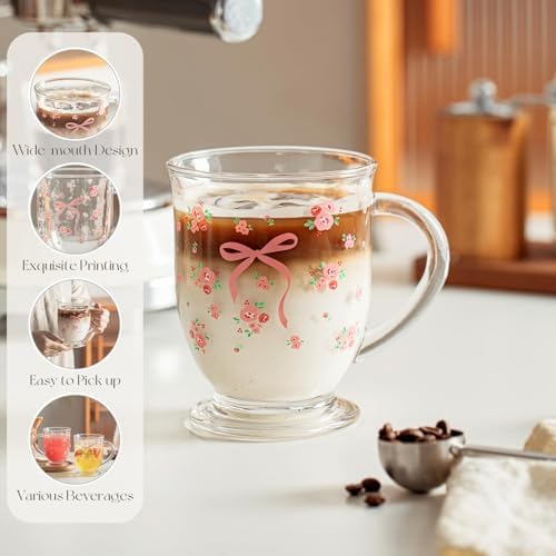 KEMORELA Pink Bow Glass Coffee Mugs Set,Cute Tea Cup with Handle,Gifts