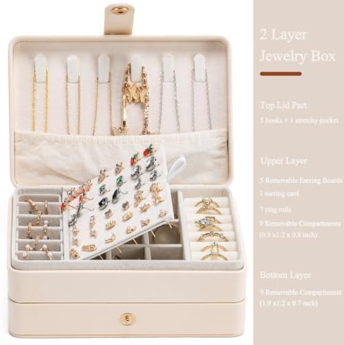 Travel Jewelry Case, 2-Layer Large Jewelry Organizer Box, Beige, PU