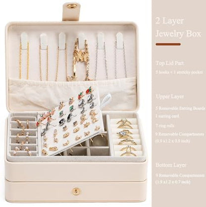 Travel Jewelry Case, 2-Layer Large Jewelry Organizer Box, Beige, PU