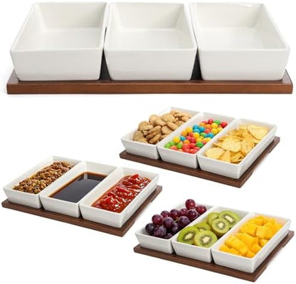 Elsjoy 3-Section Serving Tray, Wood Divided Serving Dish with Ceramic