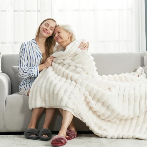 Cozy Bliss Faux Fur Throw Blanket for Couch, Cozy Warm Plush Striped