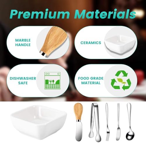 Charcuterie Board Accessories With 3 Oz Ceramic Dip Bowls, Wooden