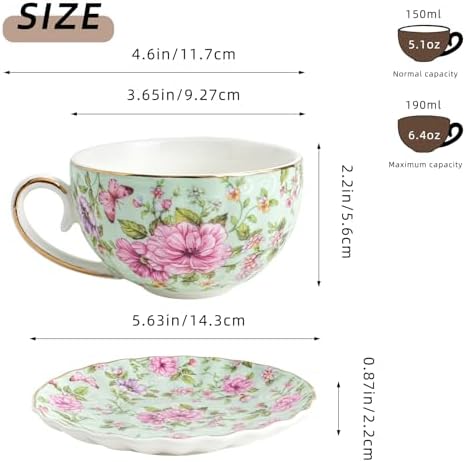 Agyiuns Tea Cup and Saucers, 6.4oz Floral Tea Cups with Gold Trim