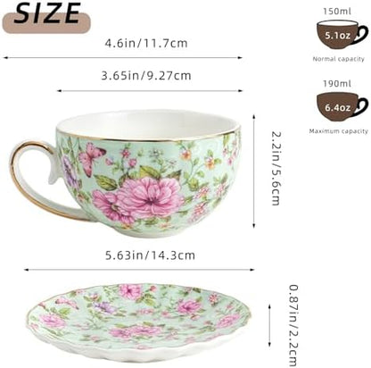 Agyiuns Tea Cup and Saucers, 6.4oz Floral Tea Cups with Gold Trim