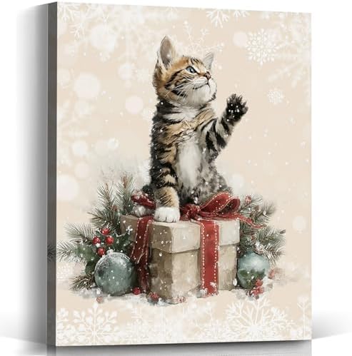 Voxitura Cute Christmas Cat Tabby Wall Art Canvas, Winter Snow Wall