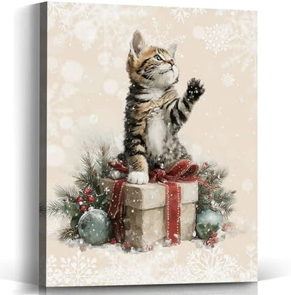 Voxitura Cute Christmas Cat Tabby Wall Art Canvas, Winter Snow Wall