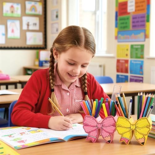 WATINC Bow Pencil and Pen Holder for Desk, 2 Pink Yellow Stationery