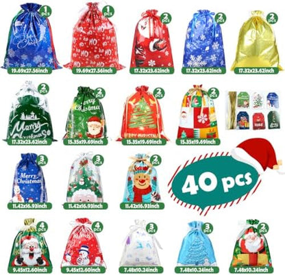 BWFY 40 Pcs Christmas Drawstring Gift Bags, 6 Sizes, 17 Patterns
