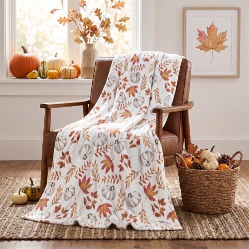 Horaldaily Fall White Pumpkin Orange Leaves Flannel Throw Blanket
