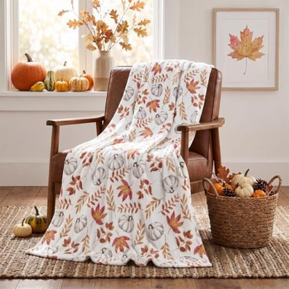 Horaldaily Fall White Pumpkin Orange Leaves Flannel Throw Blanket