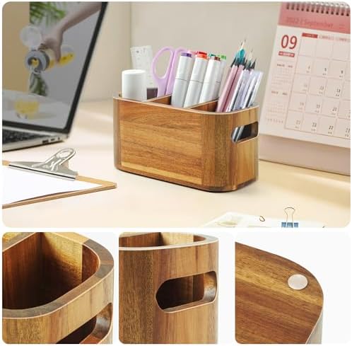 Acacia Pencil Pen Holder for Desk, Wooden Office Organizer with 3