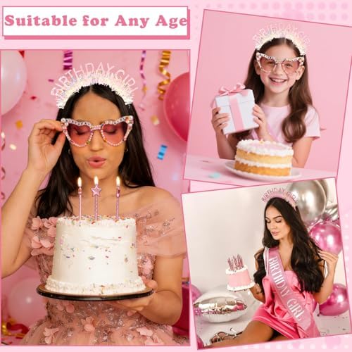 Atoden Birthday Girl Sash Glitter Headband Tiara Crown Sunglasses Pink