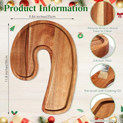 Bokon 12" Candy Cane Shape Christmas Charcuterie Board Wooden Cutting