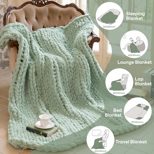 Chunky Knit Throw Blanket for Couch,40x50 Inches Sage Green