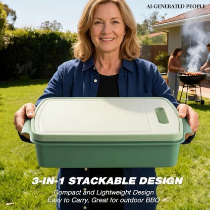 Sunmei Grill Prep and Serving Trays, 3-in-1 Stackable BBQ Food Tray