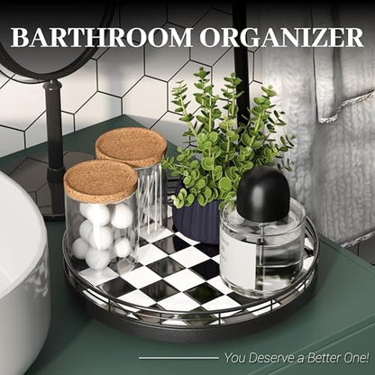 10.2-Inch Black and White Checkerboard Lazy Susan with Oak Base