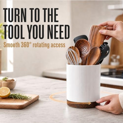 Ceramic Rotating Kitchen Utensil Holder for Countertop, 7.2'' White