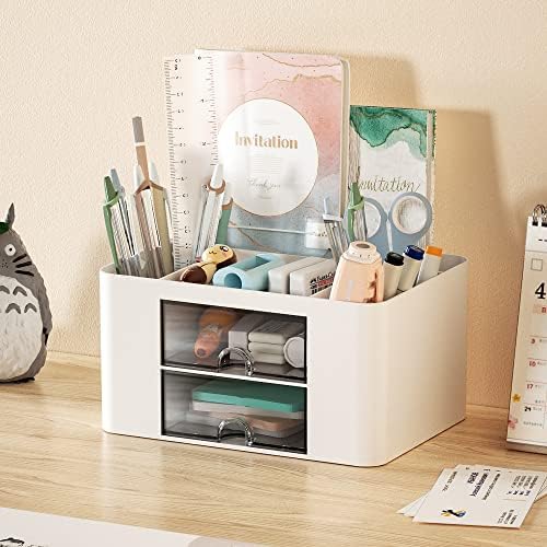 Marbrasse Pen Organizer with 2 Drawer, Multi-Functional Pencil Holder