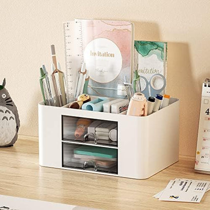 Marbrasse Pen Organizer with 2 Drawer, Multi-Functional Pencil Holder